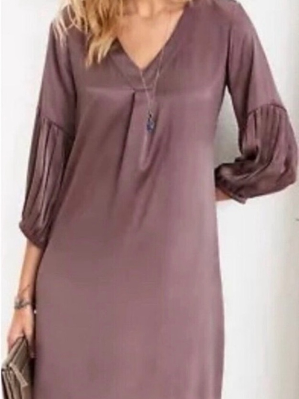 Garnet Hill Mauve V-Neck Dress with Pleated Balloon Sleeves